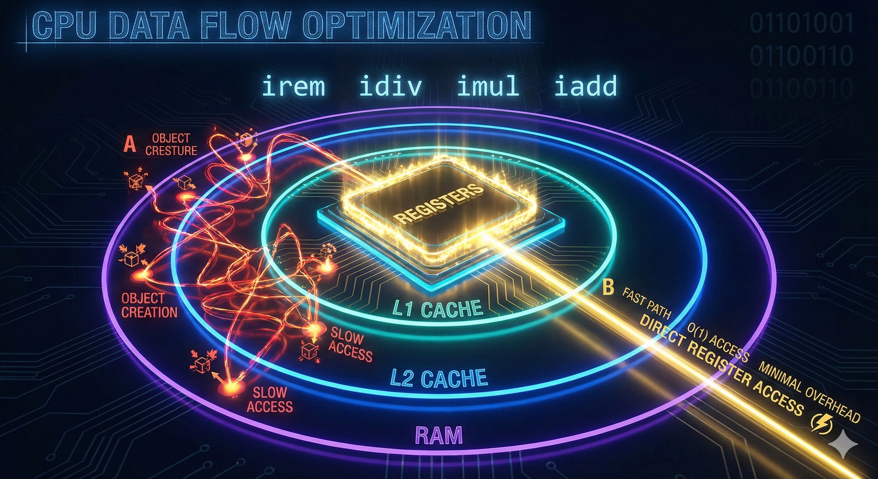 CPU data flow optimization with registers and cache