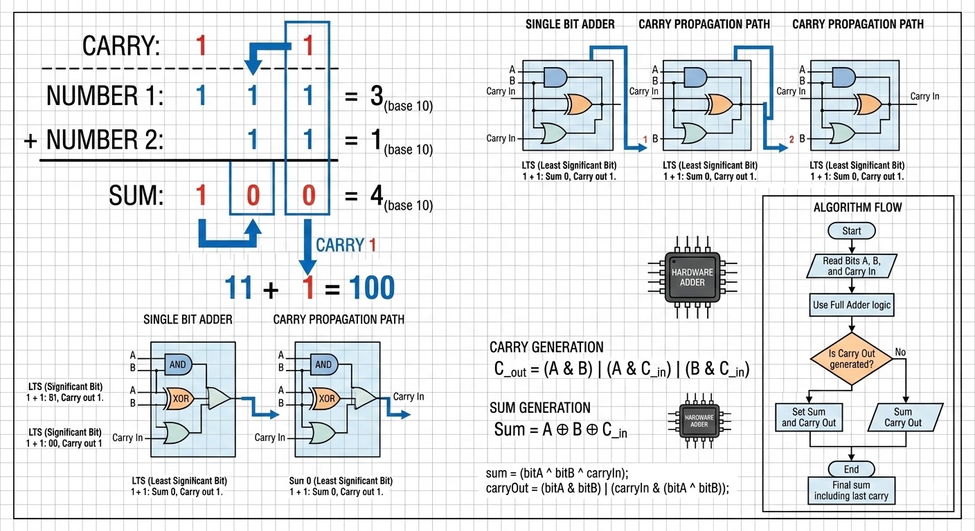 Code implementation showing binary addition algorithms