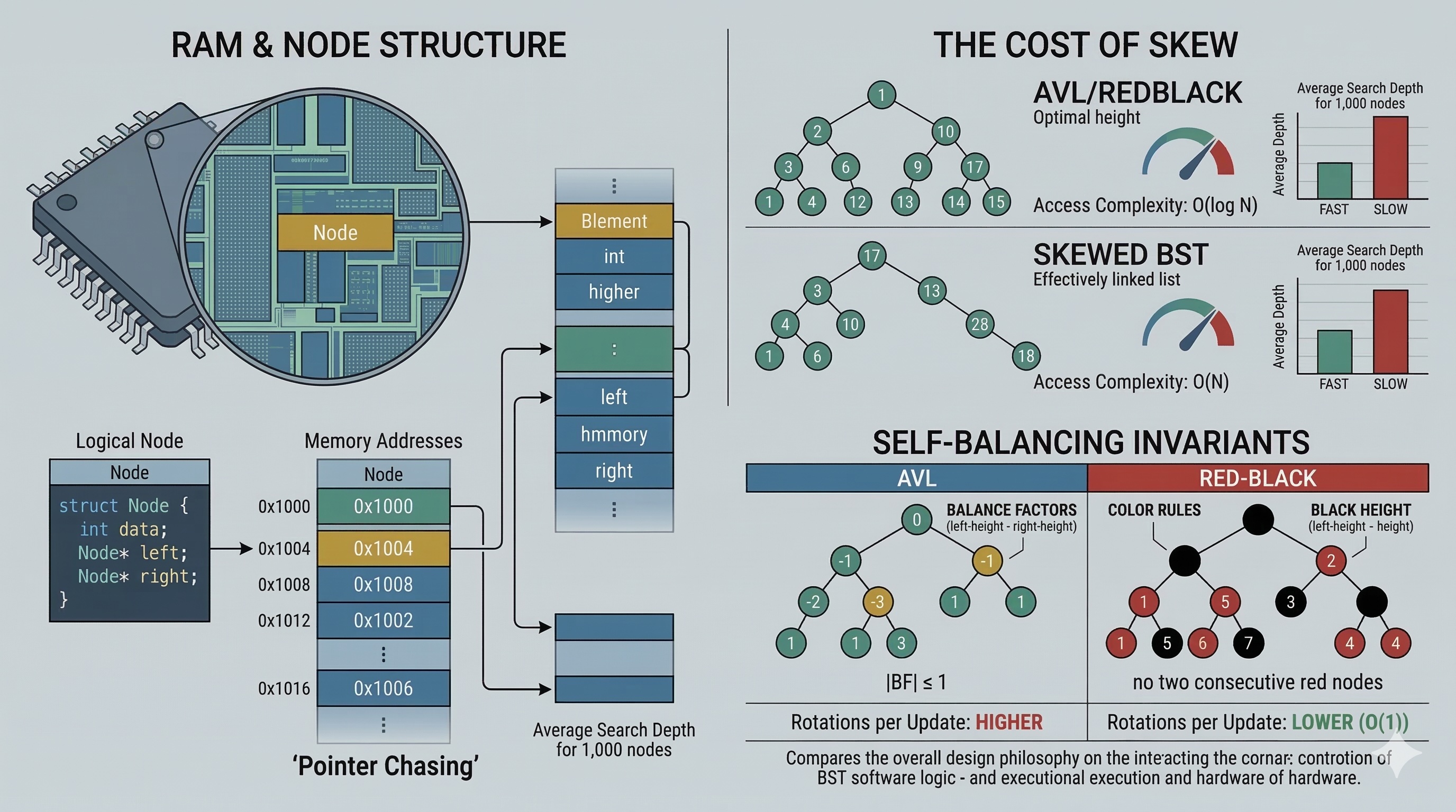 Memory layout visualization showing balanced vs unbalanced BSTs and cache behavior