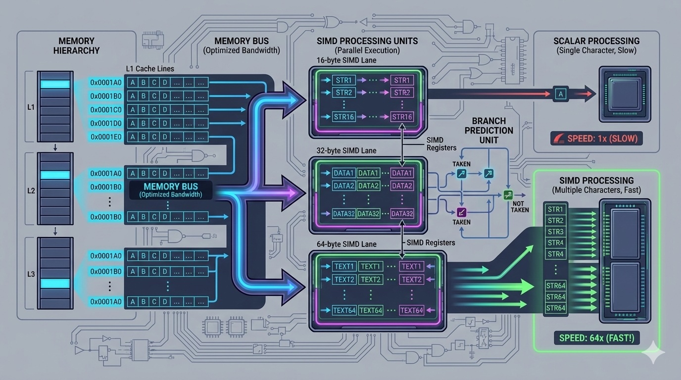 Advanced technical visualization showing CPU cache lines, memory blocks, and SIMD processing units with data flow arrows