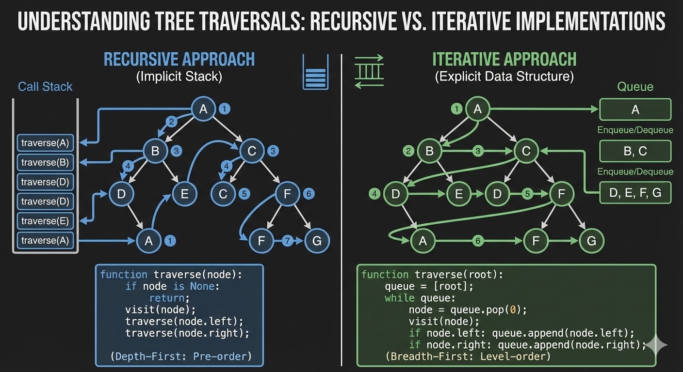 Code implementation showing recursive and iterative traversal algorithms